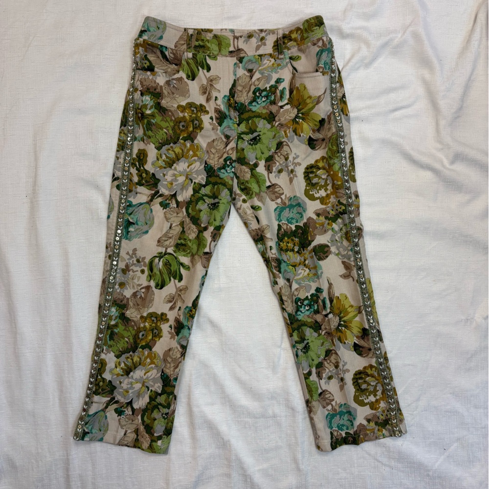 CARLISLE Silk Cotton Floral Beaded Ankle Pants | US 6 | Luxury Designer